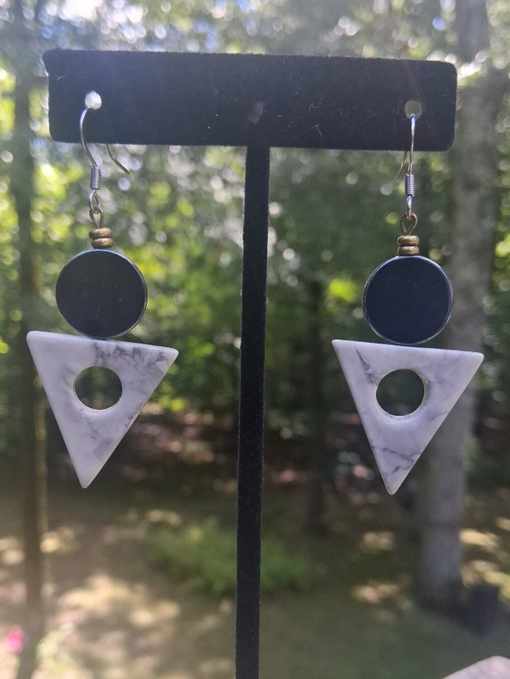 Genuine White Marble & Dark Mother of Pearl Geometric Triangle Earrings